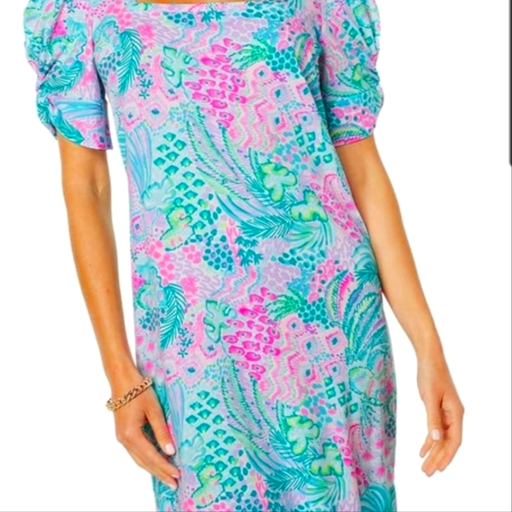 Lilly Pulitzer Pink and Green Mini Dress Vibrant Floral Design - Picture 7 of 9